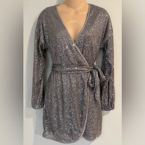 FOREVER 21 Faux Wrap Full Sequin Party Silver Dress size Small